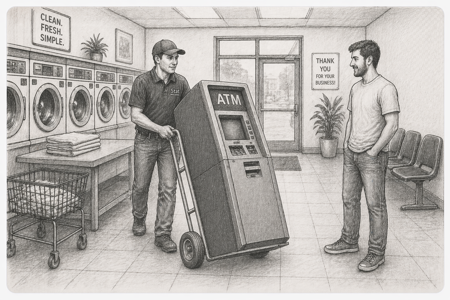 Stat Machines installing an ATM using a hand truck inside a laundromat