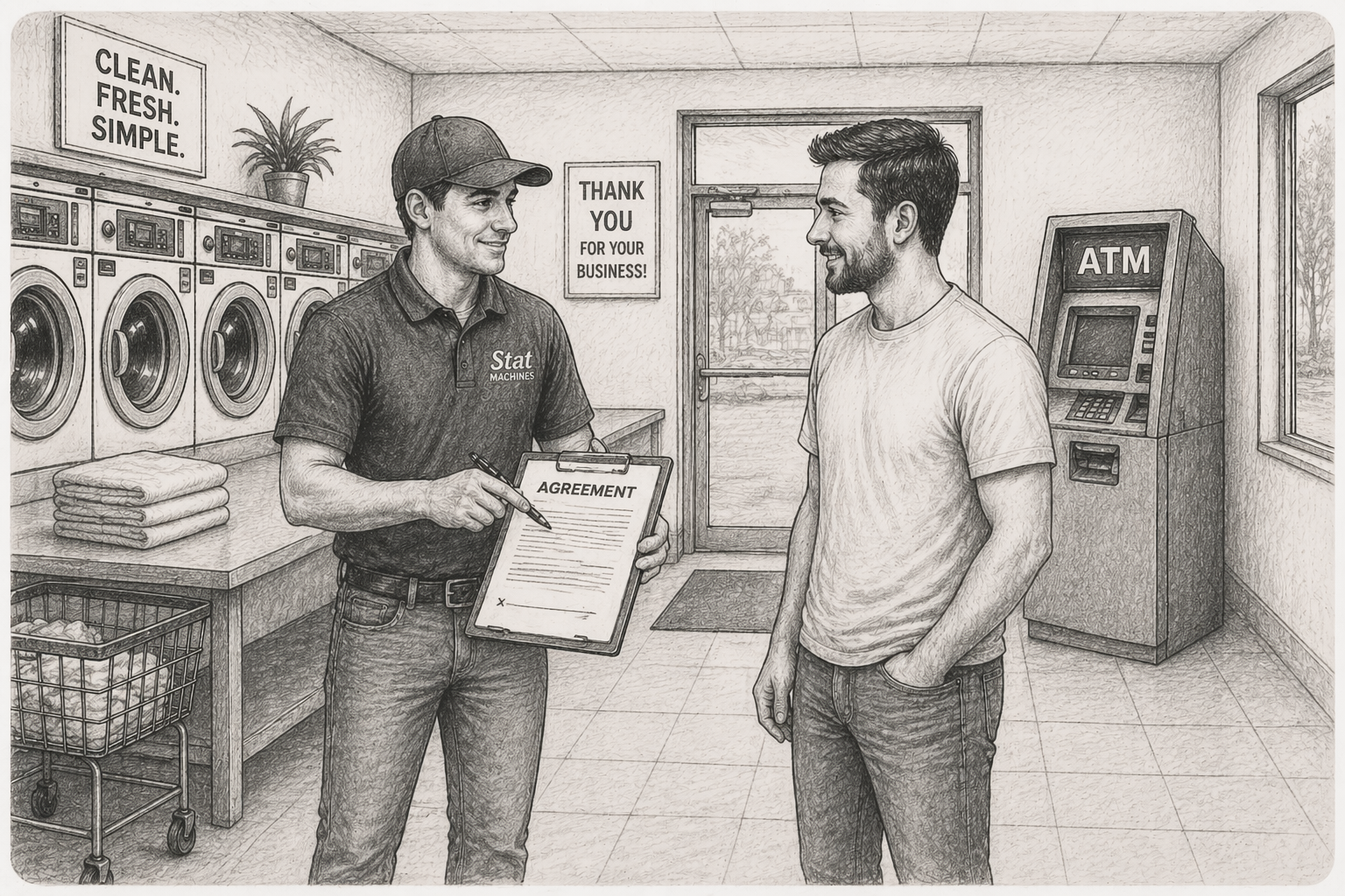 Stat Machines reviewing a simple agreement with a business owner inside a laundromat