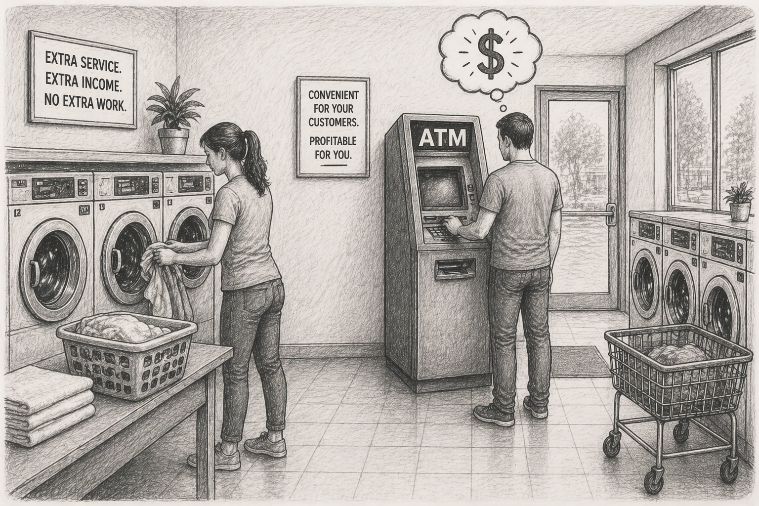 Customers using ATM while laundry is being done